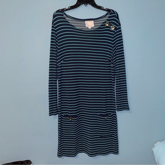 STS Sail to Sable Striped Nautical Jersey Dress with Patch Pockets Size Large - Picture 1 of 7